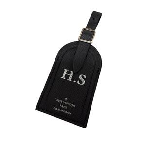 Louis Vuitton Paris Black Leather Luggage Tag Silver tone w/ HS Initials France